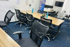 Modern coworking space for freelancers featuring long wooden desks, black mesh chairs, and blue striped carpeting.