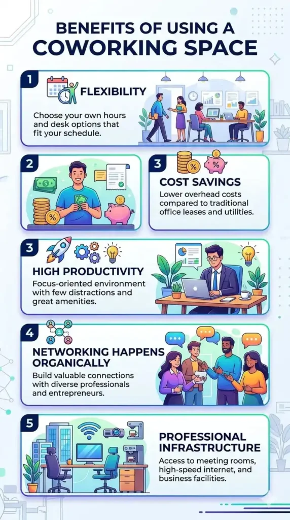 Infographic showing five benefits of coworking: flexibility, cost savings, productivity, networking, and infrastructure.