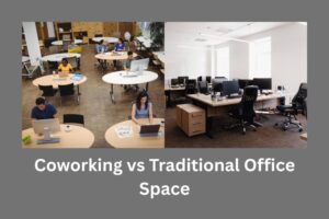 A split-screen graphic showing the difference between coworking vs traditional office environments and layouts.