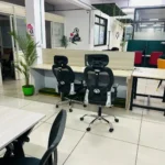 A dedicated desk setup in a shared office with ergonomic mesh chairs, indoor plants, and a clean workspace.