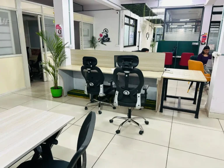 A dedicated desk setup in a shared office with ergonomic mesh chairs, indoor plants, and a clean workspace.