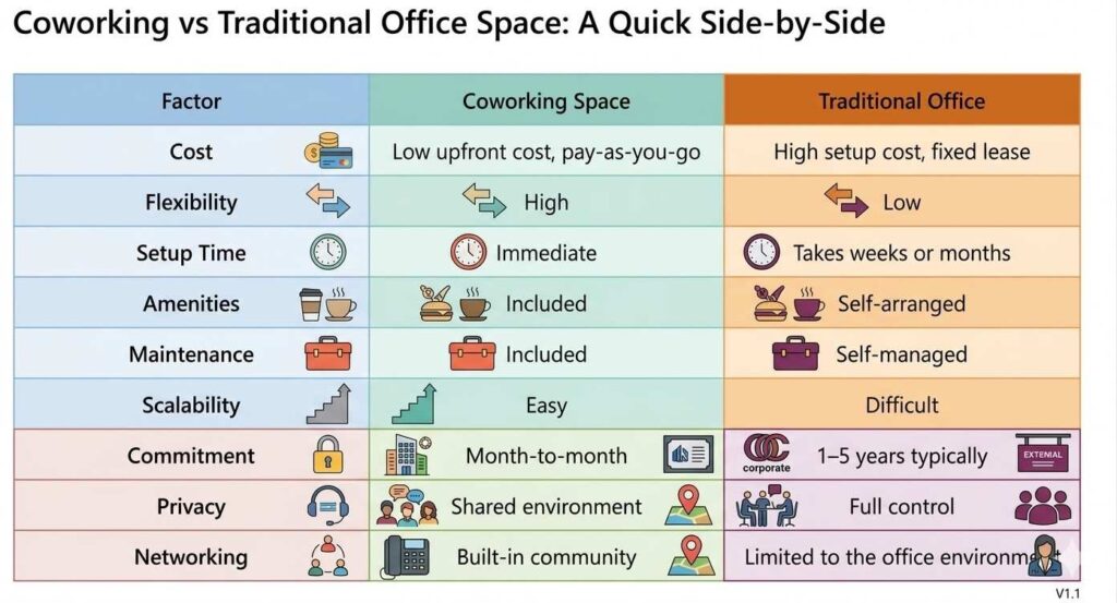 A comparison table highlighting factors like cost, flexibility, and networking for coworking and traditional offices.