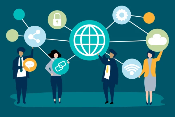 A flat vector illustration of diverse professionals holding interconnected icons like a globe, padlock, and Wi-Fi symbol, representing business networking.
