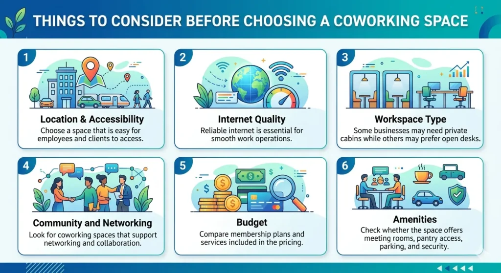 An infographic detailing six important things to consider when choosing a flexible coworking for startups.