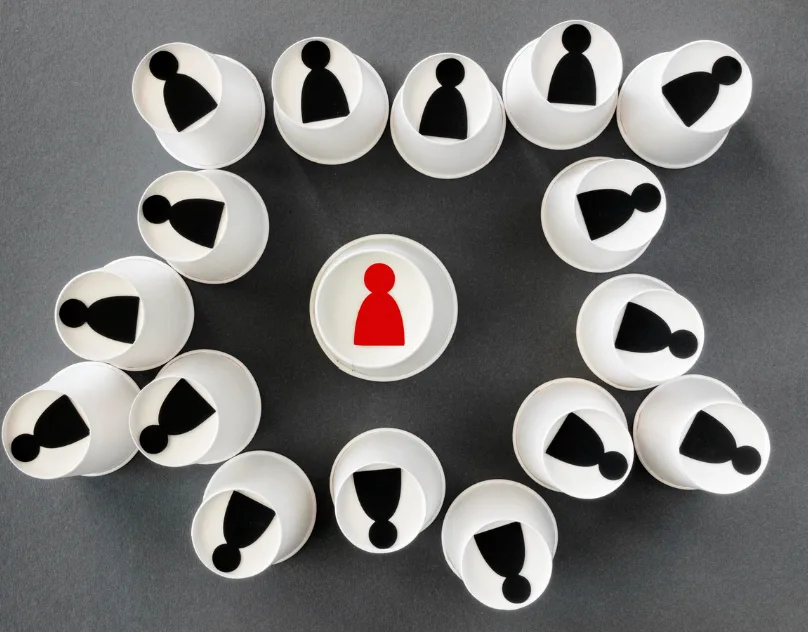 Paper cups with black icons surround a central red icon, showing how freelancers struggle to manage many clients