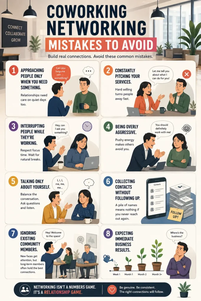 Infographic listing eight common key mistakes to avoid when you attempt to network in a coworking space setting.