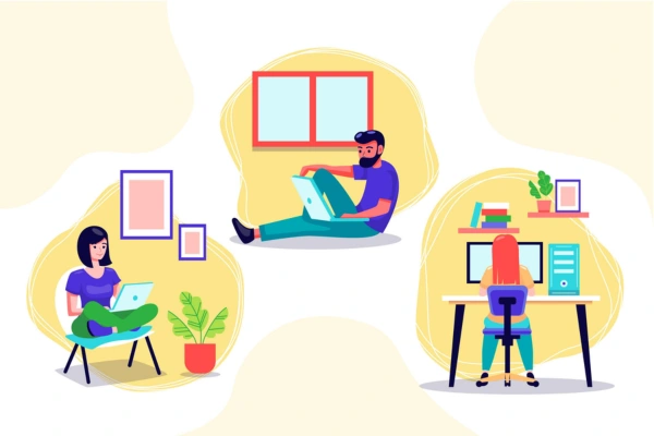 Colorful vector graphic showing three independent workers happily operating laptops in their personal work areas