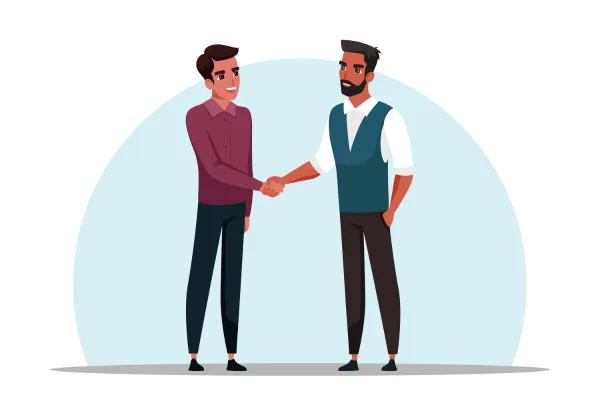 Vector artwork of two professional men standing together and shaking hands in mutual respect within an office space.