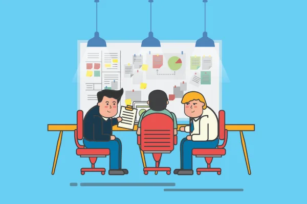 Illustration of three professionals working together at a shared desk, highlighting the Rules of a Coworking Space.
